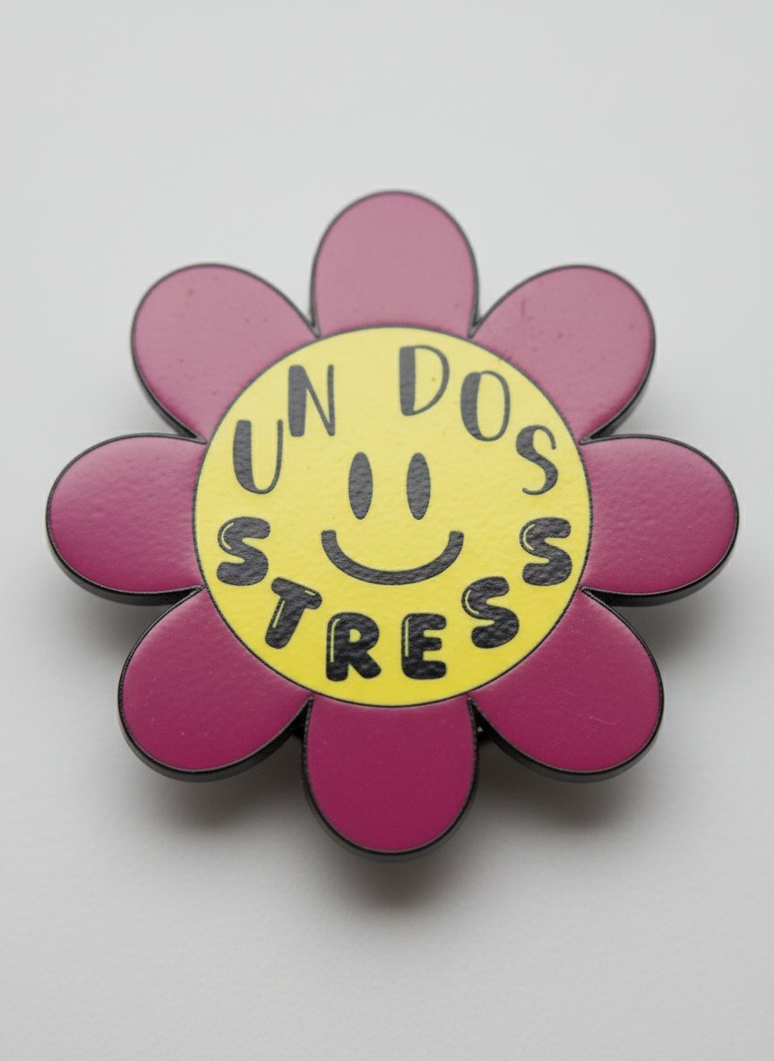Spilla stress a forma di fiore rosa con centro giallo e smile, scritta "Un Dos Stres
