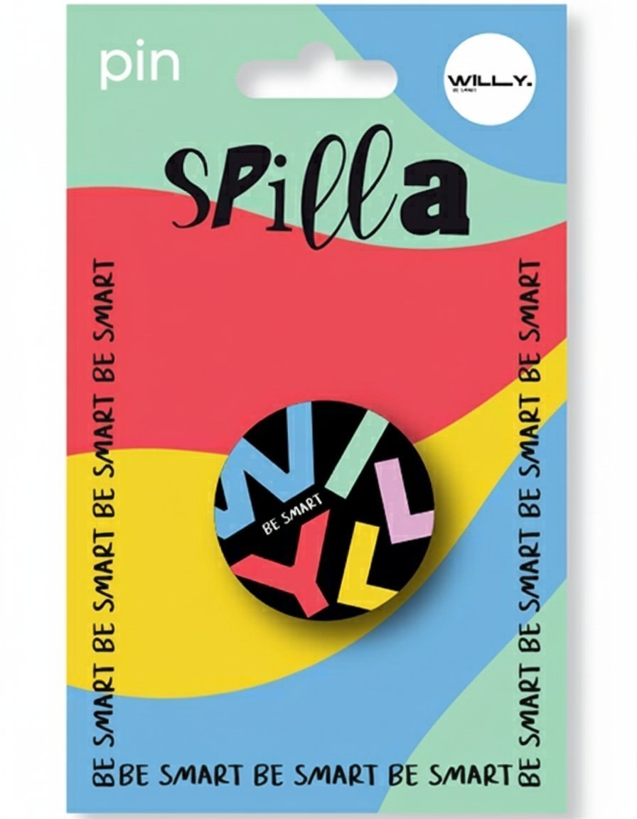 Spilla rotonda con fantasia geometrica colorata, motivi astratti in blu, rosso, giallo, nero e rosa su sfondo nero