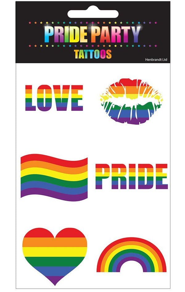 Tattoo Pride arcobaleno con scritte LOVE e PRIDE, labbra, cuore e bandiera colorati
