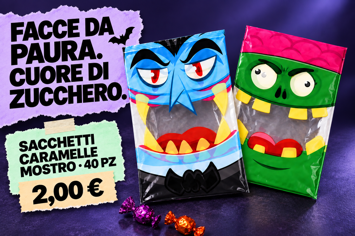 Facce da paura. Cuore di zucchero. Sacchetti caramelle mostro, 40 pezzi, 2 euro.