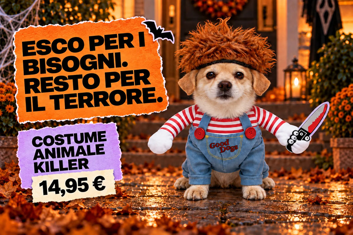 Esco per i bisogni. Resto per il terrore. Costume animale killer per cane, 14,95 euro.