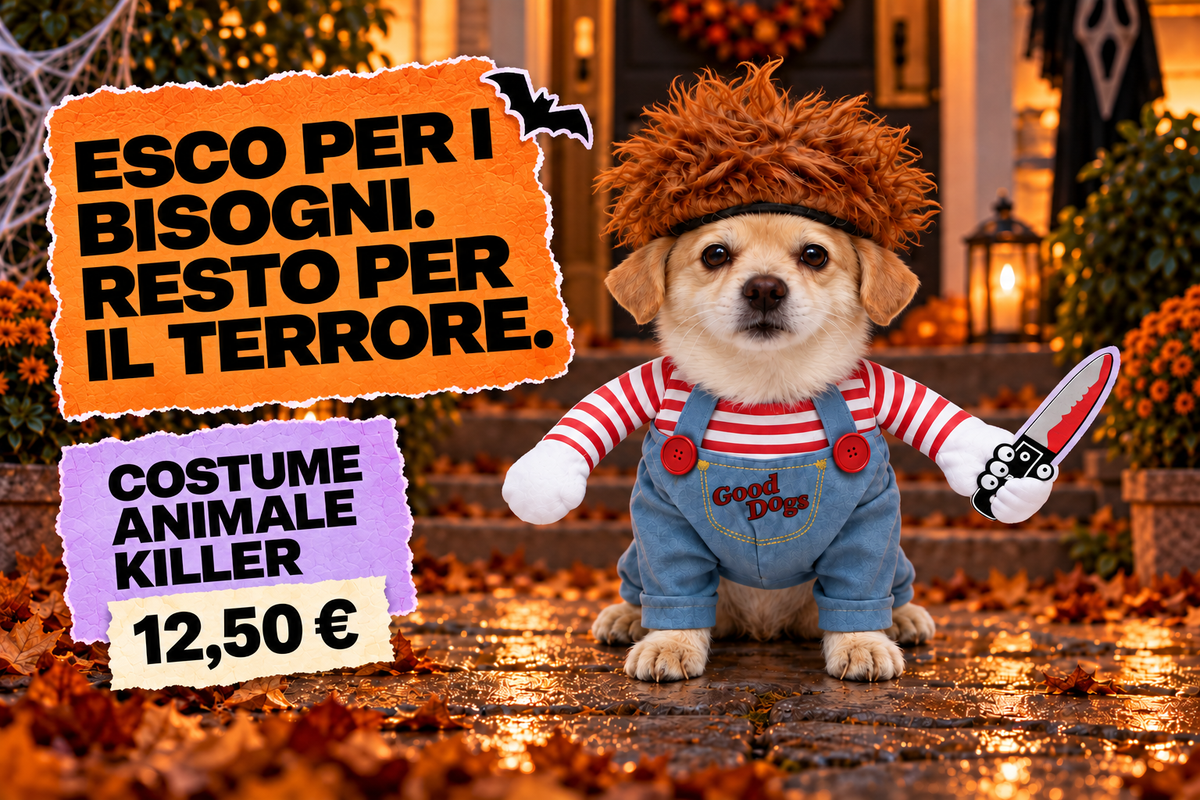 Esco per i bisogni. Resto per il terrore. Costume animale killer per cane, 12,50 euro.